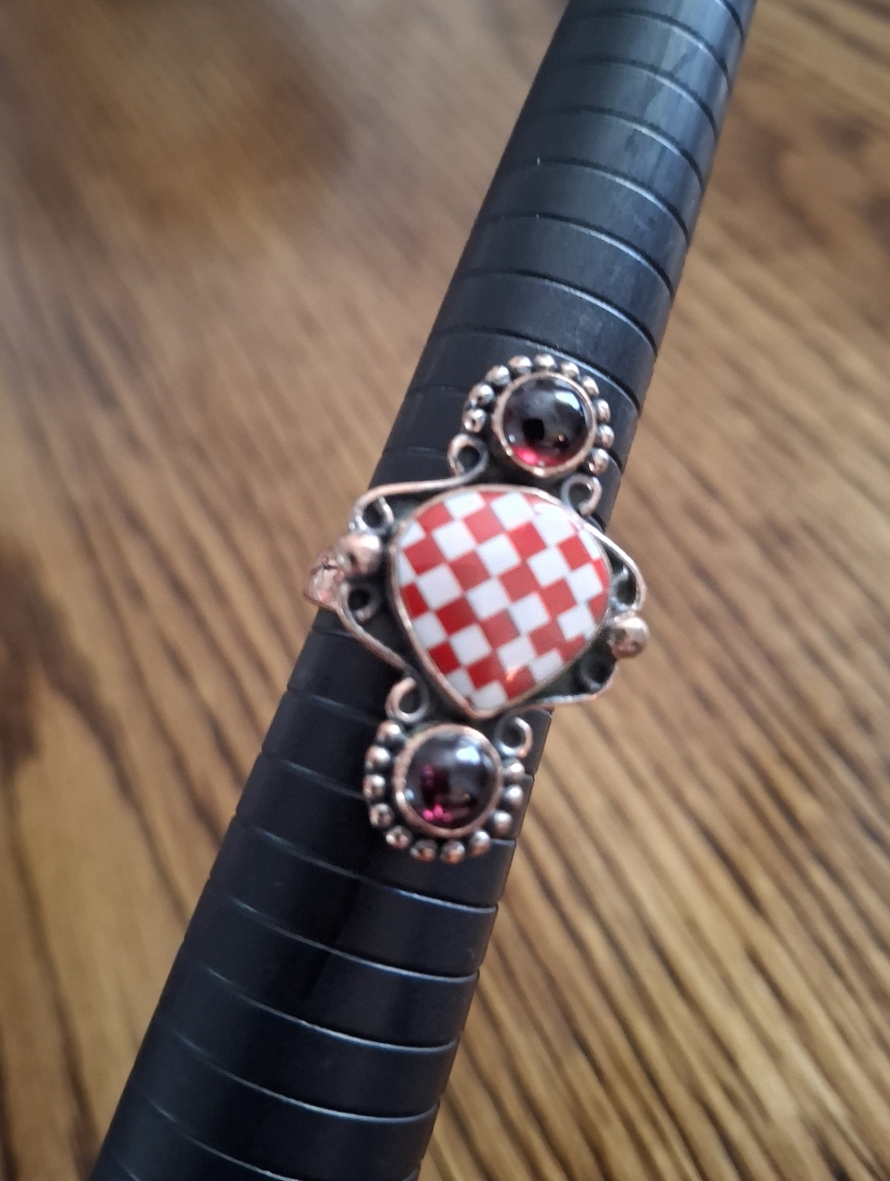 Ring Red Checkerboard With Garnet Accents Copper Adjustable Sizing 8-9-10